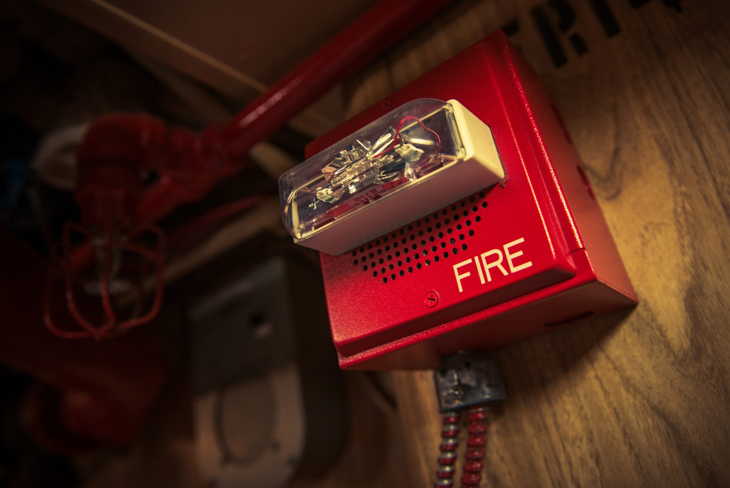 Fire Alarm with Strobe Safety Device Connected to Fire Response System.